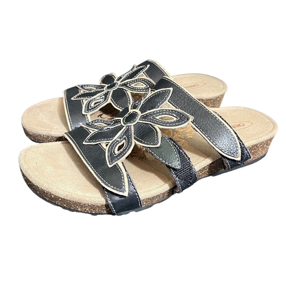 Aetrex Women's Kristen Petal Slide Sandal Leather Black Shoes Size 6.5